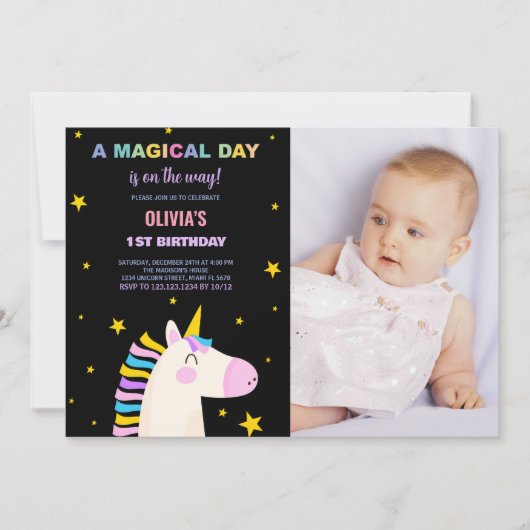 イエロースターズユニコーン誕生日招待状w写真 招待状 (正面)