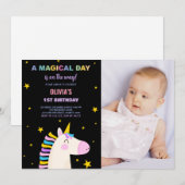 イエロースターズユニコーン誕生日招待状w写真 招待状 (正面/裏面)