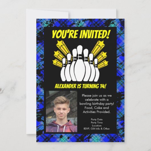 イエロースターズ写真ボーリングパーティー誕生日 招待状 (正面)