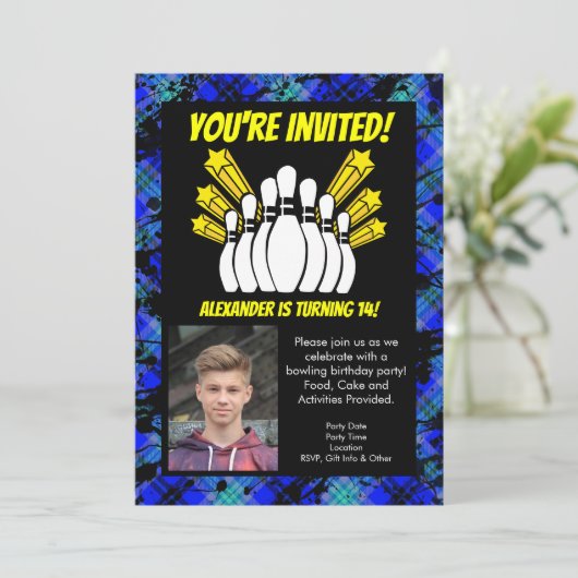 イエロースターズ写真ボーリングパーティー誕生日 招待状 (スタンド正面)