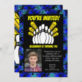 イエロースターズ写真ボーリングパーティー誕生日 招待状 (正面/裏面)