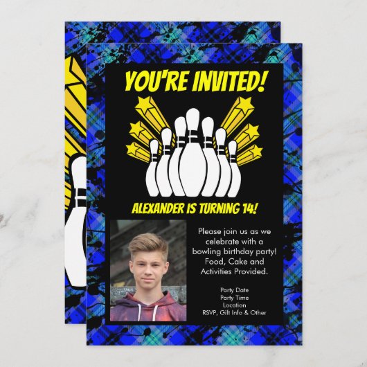 イエロースターズ写真ボーリングパーティー誕生日 招待状 (正面/裏面)