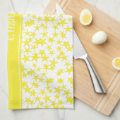 イエロースターズ白BG、イエローネームモノグラム キッチンタオル (四つ折り)