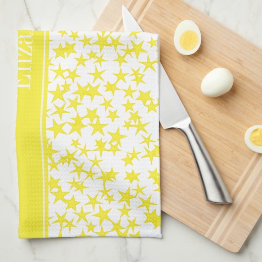 イエロースターズ白BG、イエローネームモノグラム キッチンタオル (四つ折り)