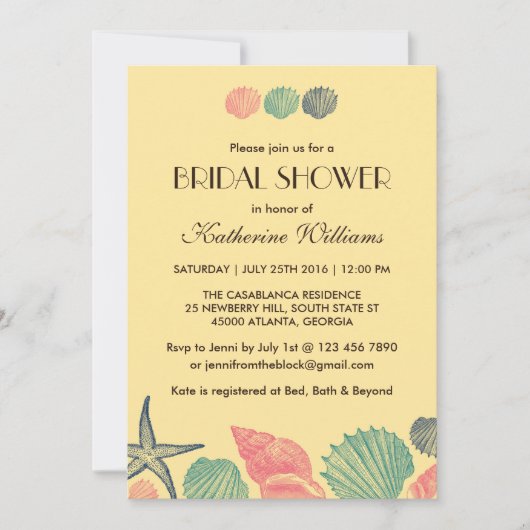 イエロースターフィッシュシーシェルズブライダルシャワー招待 招待状 (正面)