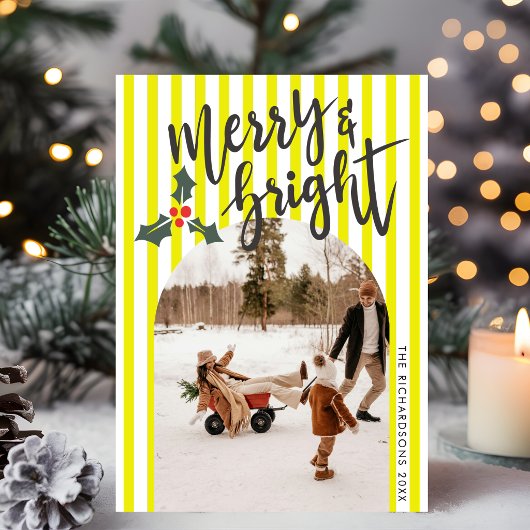 イエローストライプのMerry & Brightクリスマスフォト シーズンカード