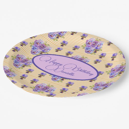 イエローストライプシャビーシックフローラ誕生日 ペーパープレート (アングル)