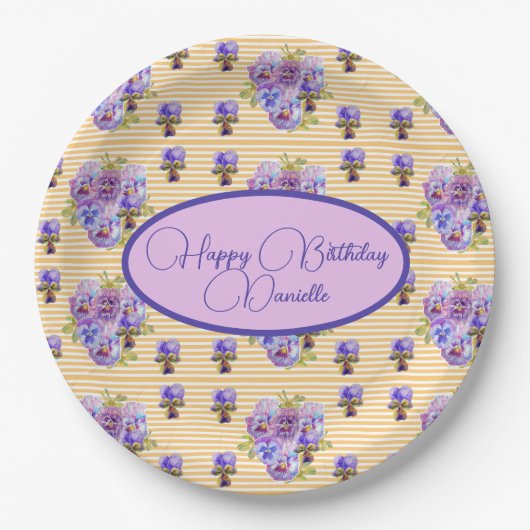 イエローストライプシャビーシックフローラ誕生日 ペーパープレート (正面)