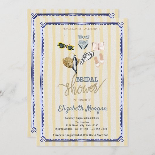 イエローストライプビーチ熱帯ブライダルシャワー 招待状 (正面/裏面)