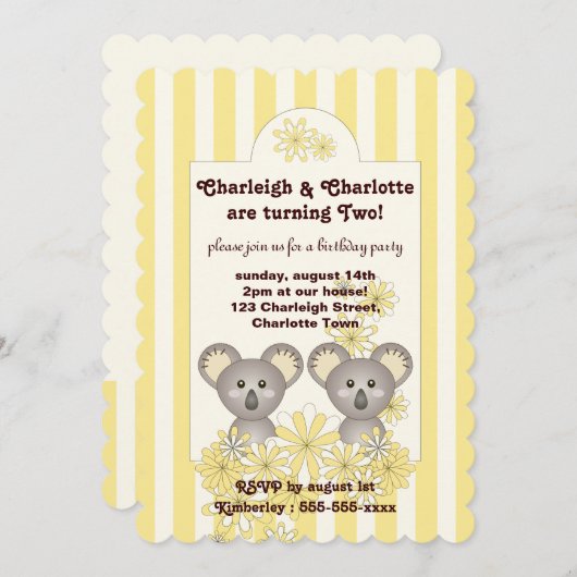 イエローストライプベビーかわいいコアラツイン子供の誕生日 招待状 (正面/裏面)