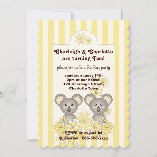 イエローストライプベビーかわいいコアラツイン子供の誕生日 招待状 (正面)