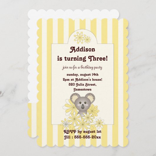 イエローストライプベビーコアラ子供の誕生日招待状 招待状 (正面/裏面)