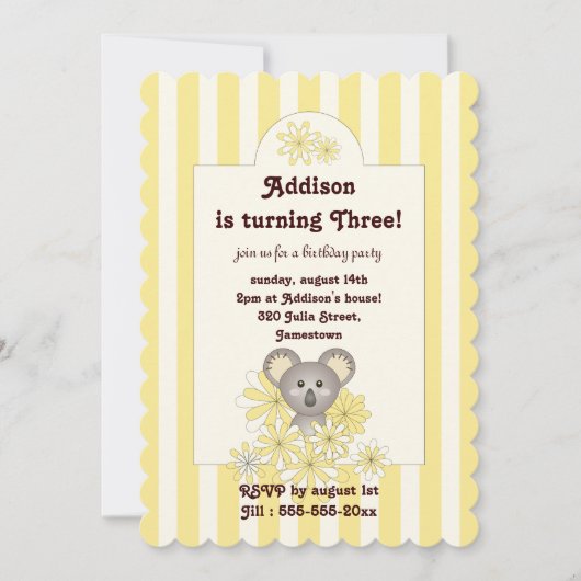 イエローストライプベビーコアラ子供の誕生日招待状 招待状 (正面)