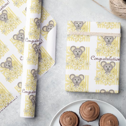 イエローストライプ子供の誕生日コアラベビーシャワー ラッピングペーパー