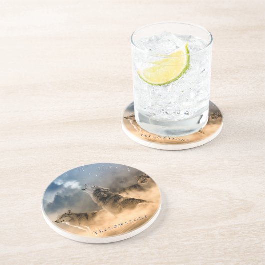 イエローストーンの円形のコースター砂岩3匹のオオカミ コースター (側面)