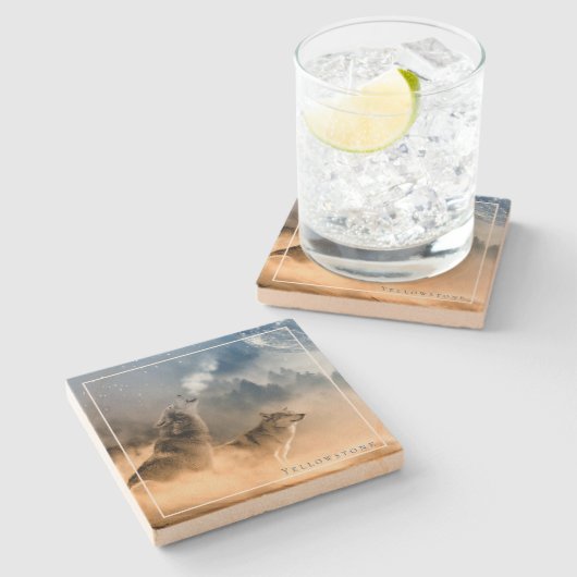 イエローストーンの砂岩コースターのオオカミおよび月 ストーンコースター (横)