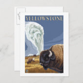 イエローストーンバイソンとオールド忠実 ポストカード (正面/裏面)