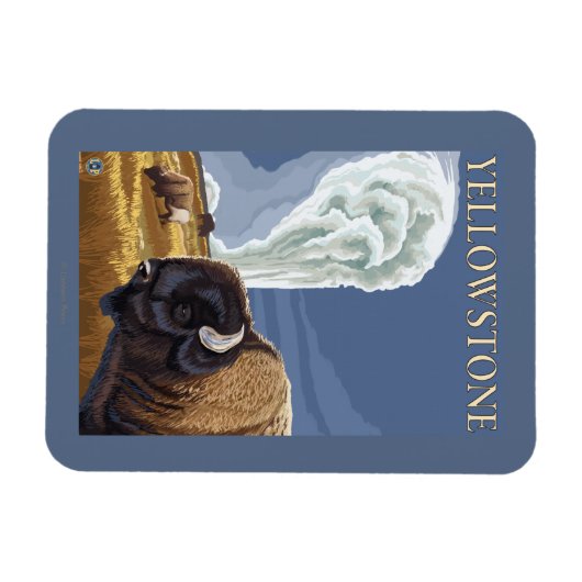 イエローストーンバイソンとオールド忠実 マグネット (横)