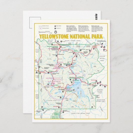 イエローストーン国立公園のモダン地図 ポストカード (正面/裏面)