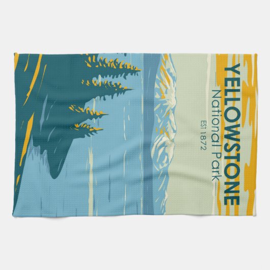 イエローストーン国立公園イエローストーン湖ヴィンテージ キッチンタオル (横)