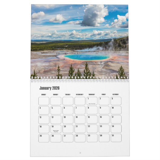 イエローストーン国立公園ワイオミング暦 カレンダー (1月 2026)