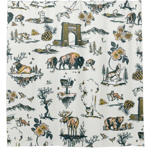 イエローストーン国立公園ワイルドライフパターン シャワーカーテン (正面)