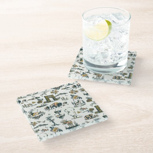 イエローストーン国立公園野生生物パターン ガラスコースター (アングル)