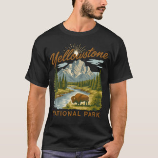 イエローストーン国立公園 バイソン 山 川 Tシャツ
