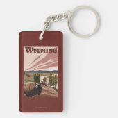イエローストーン川のバイソンのヴィンテージ旅行ポスター キーホルダー (裏面)