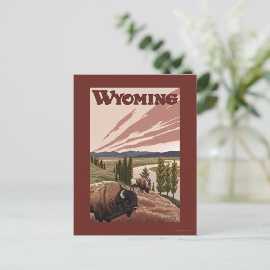 イエローストーン川のバイソンのヴィンテージ旅行ポスター ポストカード (スタンド正面)