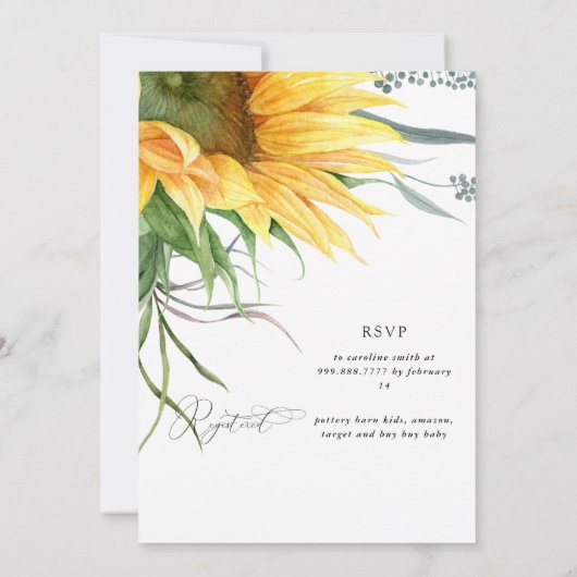 イエロースプラッシュヒマワリフローラベビーシャワー侵入者 招待状 (裏面)