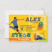 イエロースポーティサッカーゴール子供の誕生日 招待状 (正面)