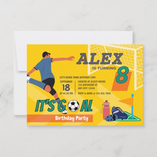 イエロースポーティサッカーゴール子供の誕生日 招待状 (正面)