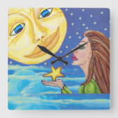 イエロースマイルムーン顔スターズファンタジー女性 スクエア壁時計 (正面)