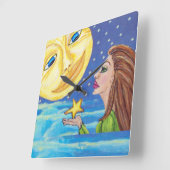 イエロースマイルムーン顔スターズファンタジー女性 スクエア壁時計 (傾斜)