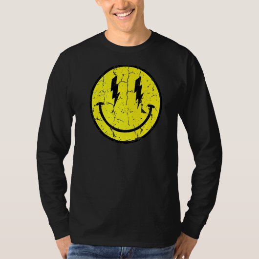 イエロースマイル顔ライトニングボルト動揺してかわいい Tシャツ (正面)