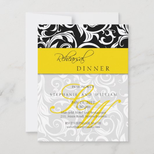 イエロースワールモノグラムリハーサルディナーカード 招待状 (正面)