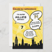 イエロースーパーヘロス漫画ブックスタイルバースデーパーティー 招待状 (正面)
