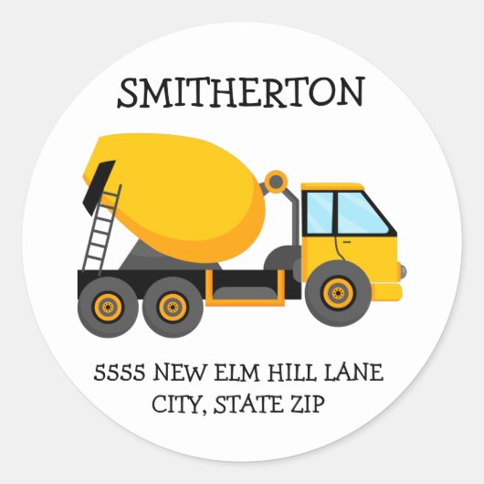 イエローセメントトラック子供の誕生日パーティーアドレス ラウンドシール (正面)