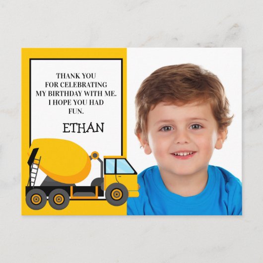イエローセメントトラック誕生日写真ありがとう ポストカード (正面)