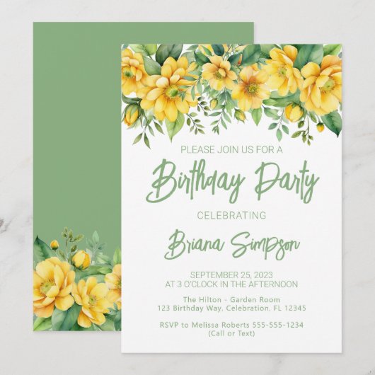 イエローセージグリーンフラワーズ 誕生日パーティー 招待状 (正面/裏面)