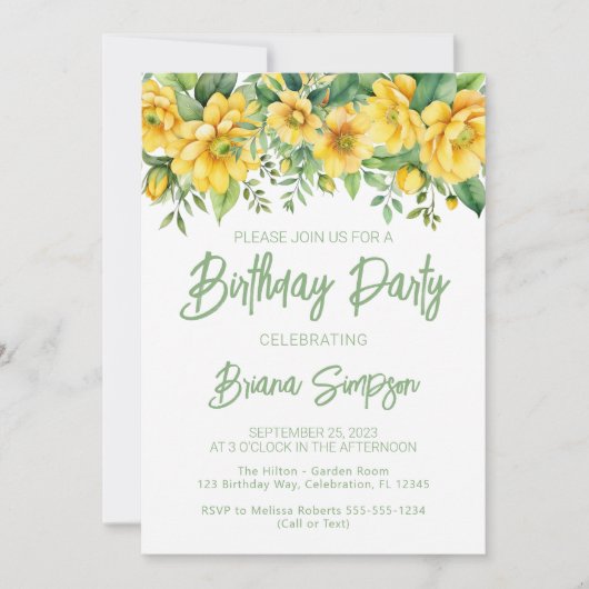 イエローセージグリーンフローラ誕生日パーティー 招待状 (正面)