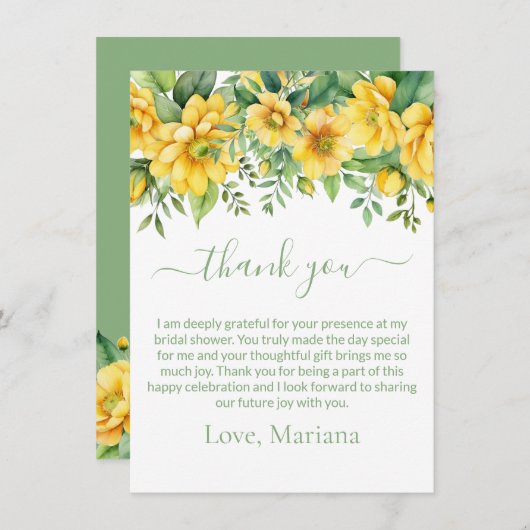 イエローセージフローラブライダルシャワーサンキューカード 招待状 (正面/裏面)