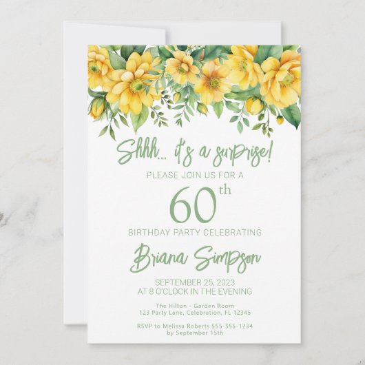 イエローセージフローラ任意の年齢のサプライズ誕生日パーティー 招待状 (正面)