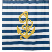 イエローセーリングいかりブルーホワイトストライプの シャワーカーテン (正面)