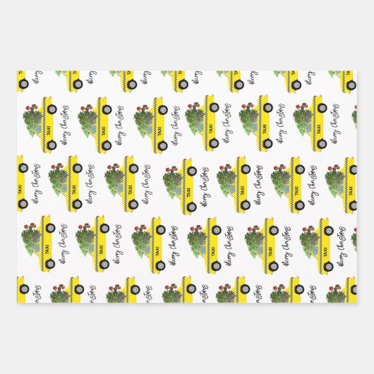 イエロータクシーキャブクリスマスツリーフェスティバルホリデー ラッピングペーパーシート (正面3)