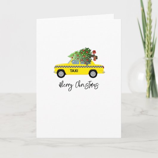 イエロータクシーキャブメリークリスマスツリー新年 カード (正面)