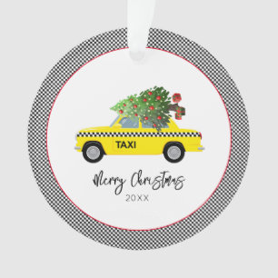 イエロータクシー辻馬車チェッカーボードメリークリスマスツリー オーナメント