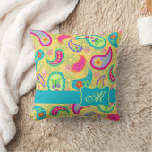 イエローターコイズモダンパスリーパターンモノグラム クッション (ブランケット)