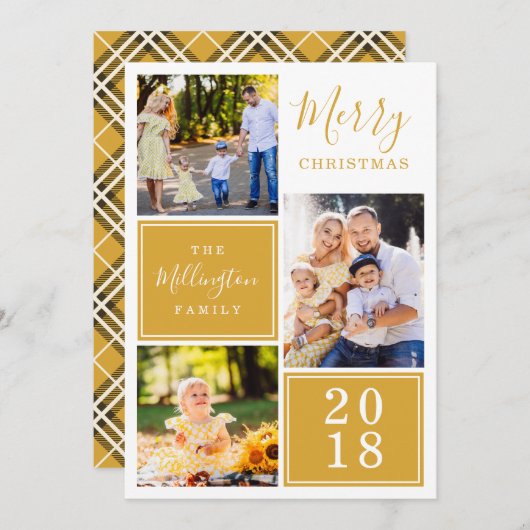 イエロータータンチェックプレイドフォトコラージュメリークリスマス シーズンカード (正面/裏面)